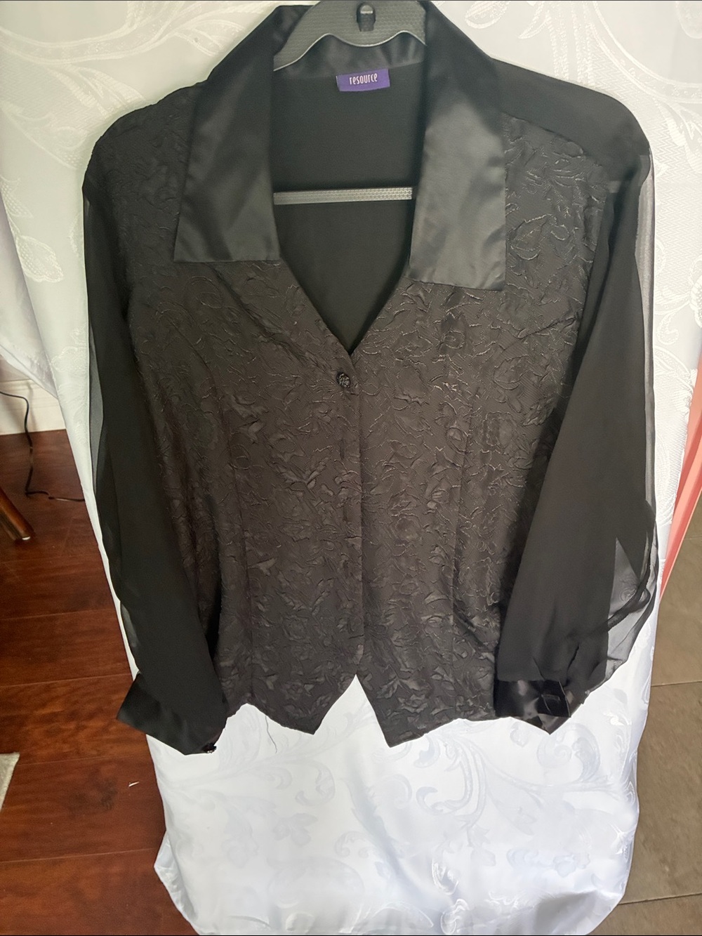 Black Satin-Collar Lace Button-Down Shirt